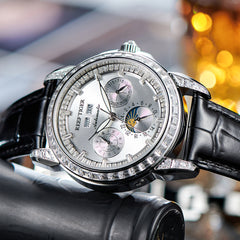 Affordable Luxury Zirconia Bezel & Silver Dial Men's Multifunction Mechanical Moon Phase Automatic Watches - Reef Tiger RGA1988