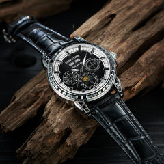 Reef Tiger RGA1988 Watch - Men's Luxury Black Zirconia Bezel & Dial Multifunction Moon Phase Automatic Mechanical Watch
