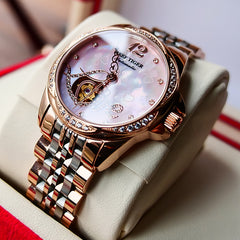 REEF TIGER LOVE RGA1583 Luxury Diamond Automatic Watch for Women - Elegant Rose Gold Stainless Steel Waterproof Ladies Watches
