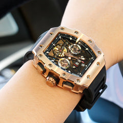 REEF TIGER RGA3009 Rose Gold Men Skeleton Automatic Tonneau Wristwatch - Multifunctional Date Luminous Waterproof Watch