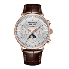 REEF TIGER RGA8218 Rose Gold Men's Automatic Multifunctional Day/Date Moon phase Watch For Men - Leather Casual Business Wristwatch