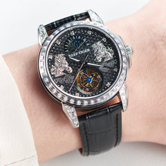 Luxury Men's Diamond Automatic Moon Phase Dress Watch - "Pixiu" RGA1935 Multifunctional Mechanical Tourbillon Style Dial