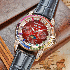 Reef Tiger RGA1988 Burgundy Red Dial Moonphase of Men 42mm Automatic Mechanical Rose Gold Watch - Rainbow Zirconia Bezel