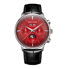 Red Dial Automatic Multifunctional Day/Date Moon phase Watch For Men - REEF TIGER RGA8218 Vintage Business Wristwatch