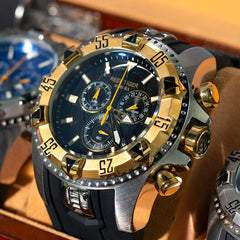 52mm Big Dial & Yellow Gold Color Bezel Men's Multi-Function Quartz Movement Waterproof Sport Watch - REEF TIGER Aurora RGA303