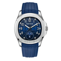 Reef Tiger RGA1805 Mens Square Blue Dial Automatic Watch - Multifunction Luminous Rubber Sport Watches
