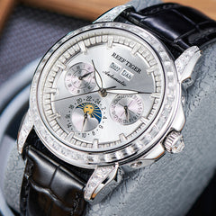 Affordable Luxury Zirconia Bezel & Silver Dial Men's Multifunction Mechanical Moon Phase Automatic Watches - Reef Tiger RGA1988