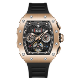 REEF TIGER RGA3009 Rose Gold Men Skeleton Automatic Tonneau Wristwatch - Multifunctional Date Luminous Waterproof Watch