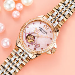 Pink Shell Pattern Dial Diamond Automatic Watch for Women - Fashion Luxury Rose Gold REEF TIGER RGA1583 Women Watches