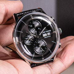 Affordable Luxury Dress Mechanical Watch For Men - Best Reef Tiger RGA1699 Black & Multifunction Three Eyes Subdial