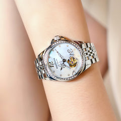 REEF TIGER RGA1583 Skeleton Flywheel Automatic Mechanical Watch For Women - Luxury Diamond Dial Woman Watches