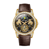 Reef Tiger "Pixiu" RGA1935 - Luxury Yellow Gold Mens Moon Phase Automatic Tourbillon Style Dial & Diamond Design Dress Watches