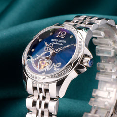 REEF TIGER RGA1583 Fashion Flower Diamond Watches for Women - Luxury Blue Dial Automatic Mechanical Watch