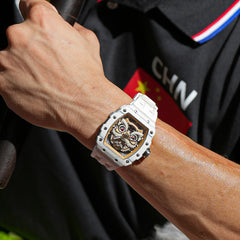 Reef Tiger RGA3009 - Unique Luxury White Carbon Fiber Case Chinese Lion Dance Automatic Watches