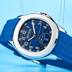 Reef Tiger RGA1805 Mens Square Blue Dial Automatic Watch - Multifunction Luminous Rubber Sport Watches