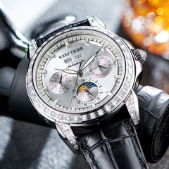 Affordable Luxury Zirconia Bezel & Silver Dial Men's Multifunction Mechanical Moon Phase Automatic Watches - Reef Tiger RGA1988
