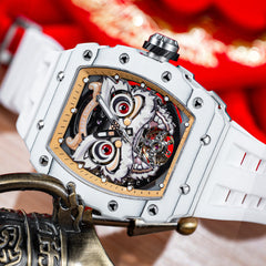 Reef Tiger RGA3009 - Unique Luxury White Carbon Fiber Case Chinese Lion Dance Automatic Watches