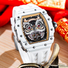 Reef Tiger RGA3009 - Unique Luxury White Carbon Fiber Case Chinese Lion Dance Automatic Watches