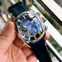 Reef Tiger Aurora Tank II RGA3069 Men's Automatic Watch with Mechanical Movement and Skeleton Tourbillon Style Dial