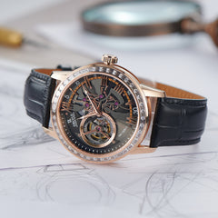 Best Affordable Luxury Rose Gold & Zirconia Case Mens Automatic Tourbillon Style Dial Dress Watches - OBLVLO VMQ Series