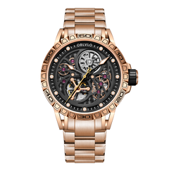 OBLVLO LMS Affordable Luxury Rose Gold Skeleton Automatic Watches - Unique Cool Men's Watches