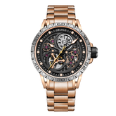 OBLVLO LMS Affordable Luxury Rose Gold Skeleton Mechanical Watches - Fashion Mens Rubber/Leather Strap Waterproof Watch