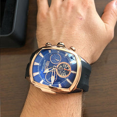 Reef Tiger Aurora Tank II RGA3069 Rose Gold Mens Automatic Mechanical Skeleton Blue Dial Watch