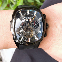 Reef Tiger Aurora Tank II RGA3069 Mens Automatic Skeleton Watches for Men - All Black Case & Rubber Strap