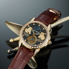 Reef Tiger "Pixiu" RGA1935 - Luxury Yellow Gold Mens Moon Phase Automatic Tourbillon Style Dial & Diamond Design Dress Watches