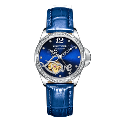 REEF TIGER RGA1583 Fashion Flower Diamond Watches for Women - Luxury Blue Dial Automatic Mechanical Watch