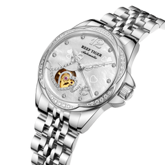 REEF TIGER RGA1583 Skeleton Flywheel Automatic Mechanical Watch For Women - Luxury Diamond Dial Woman Watches