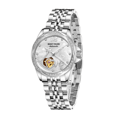 REEF TIGER RGA1583 Skeleton Flywheel Automatic Mechanical Watch For Women - Luxury Diamond Dial Woman Watches