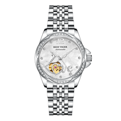 REEF TIGER RGA1583 Skeleton Flywheel Automatic Mechanical Watch For Women - Luxury Diamond Dial Woman Watches