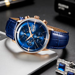 Affordable Luxury Men Blue & Multifunction Three Eyes Subdial Automatic Mechanical Watch - Reef Tiger RGA1699 Rose Gold Dress Watch