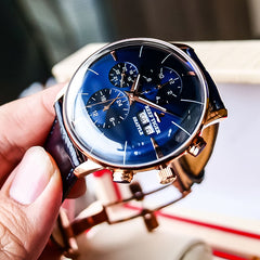 Affordable Luxury Men Blue & Multifunction Three Eyes Subdial Automatic Mechanical Watch - Reef Tiger RGA1699 Rose Gold Dress Watch