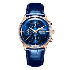 Affordable Luxury Men Blue & Multifunction Three Eyes Subdial Automatic Mechanical Watch - Reef Tiger RGA1699 Rose Gold Dress Watch