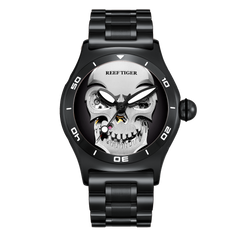 All Black Reef Tiger RGA70S7 Mens Luxury Bubble Sapphire Skeleton Automatic Skull Watch