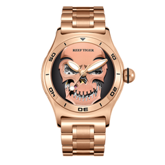 Reef Tige Aurora RGA70S7 Rose Gold Skull Skeleton Automatic Steel/Leather Strap Watch For Men