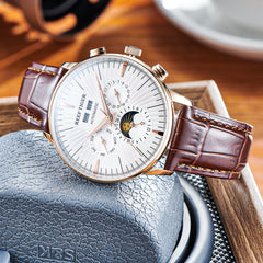 REEF TIGER RGA8218 Rose Gold Men's Automatic Multifunctional Day/Date Moon phase Watch For Men - Leather Casual Business Wristwatch