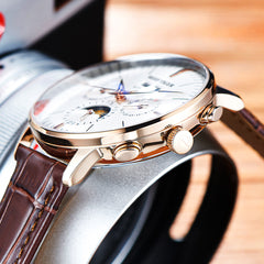 REEF TIGER RGA8218 Rose Gold Men's Automatic Multifunctional Day/Date Moon phase Watch For Men - Leather Casual Business Wristwatch
