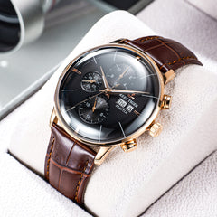 Affordable Luxury Black & Multifunction Three Eyes Subdial Automatic Mechanical Watch - Reef Tiger RGA1699 Rose Gold Watch