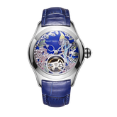 Reef Tiger Women's Luxury Blue Diamond Citron Crested Cockatoo Mechanical Skeleton Fashion Wrist Watch - Aurora Parrots RGA7015