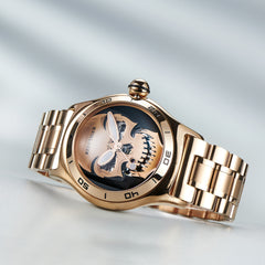 Reef Tige Aurora RGA70S7 Rose Gold Skull Skeleton Automatic Steel/Leather Strap Watch For Men