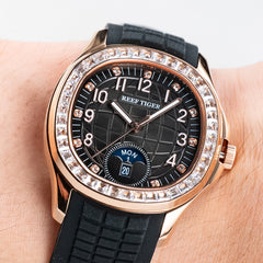 RGA1805 Black Dial 39mm & Rose Gold Sqaure Automatic Watch - Inlay cubic zirconia Multi-Dial Week Date Watch