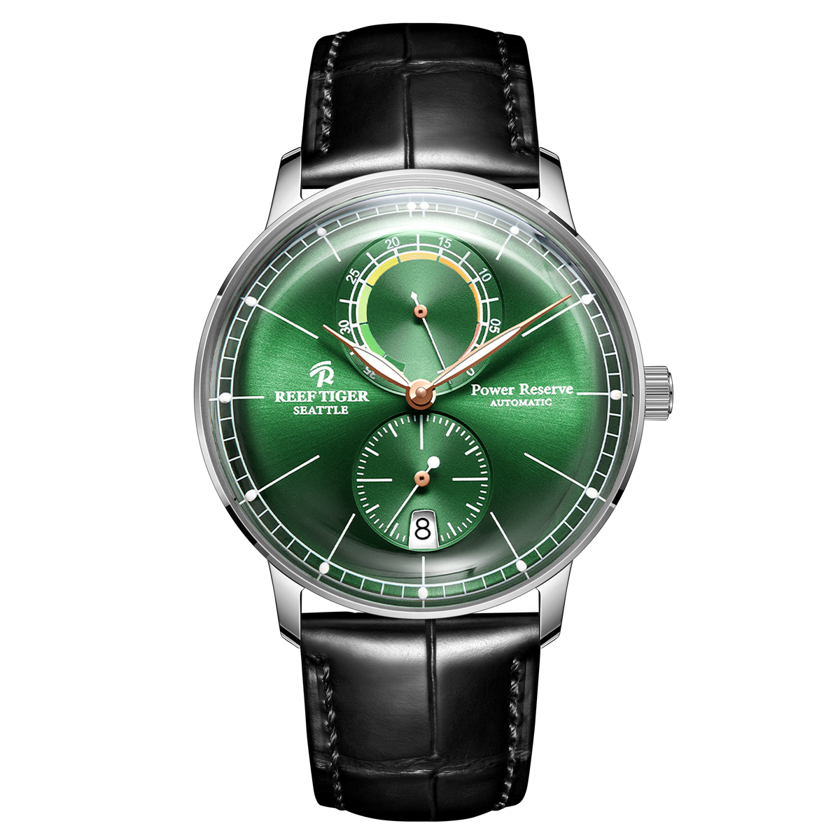 High quality RGA82B0-3 Men's 42mm Green Dial Automatic Mechanical Dress Watch - REEF TIGER Power Reserve Vintage Watches