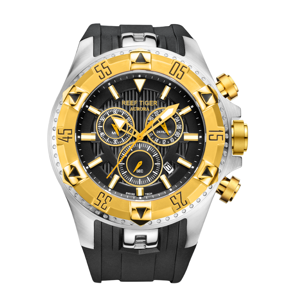 52mm Big Dial & Yellow Gold Color Bezel Men's Multi-Function Quartz Movement Waterproof Sport Watch - REEF TIGER Aurora RGA303