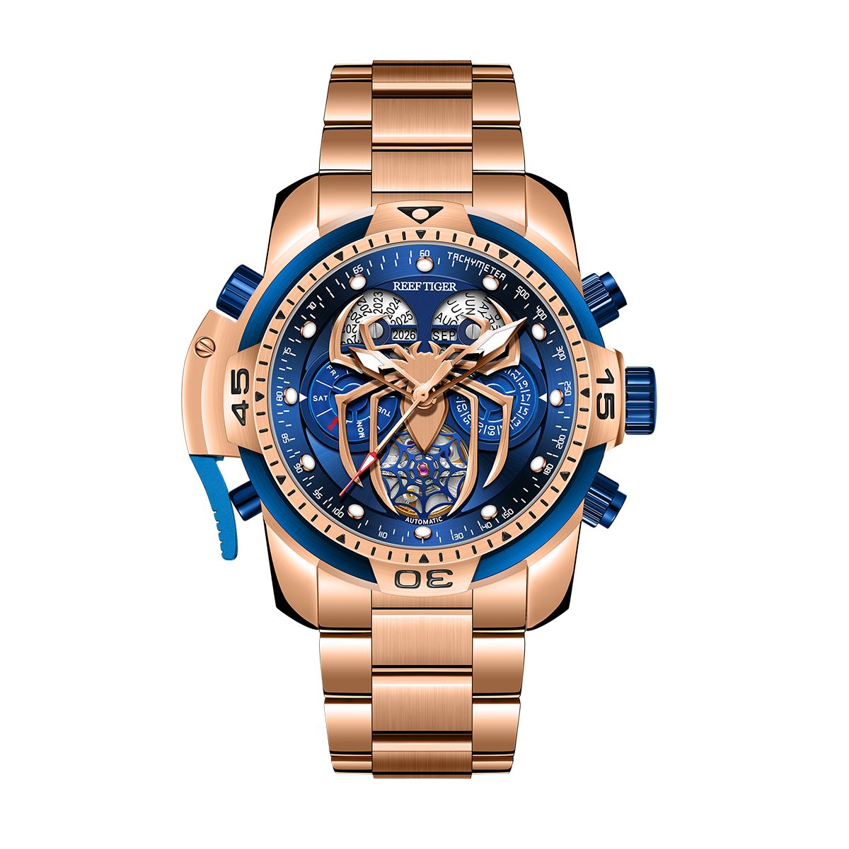 Reef Tiger Aurora Spider RGA3532-S Sports Style Men's Luxury Rose Gold Stainless Steel Automatic Mechanical Watch with Calendar