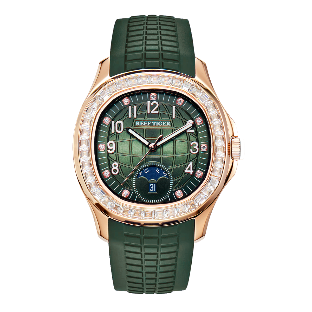 Reef Tiger RGA1805 39mm Square Automatic Mechanical Green Dial Watch - 50M Waterproof Multi Dial Week,Date Diamonds Bezel