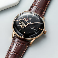 Reef Tiger RGA8239 Men's Business Automatic Mechanical Watch - Fashion Rose Gold Case and Black Tourbillon Style Dial Design
