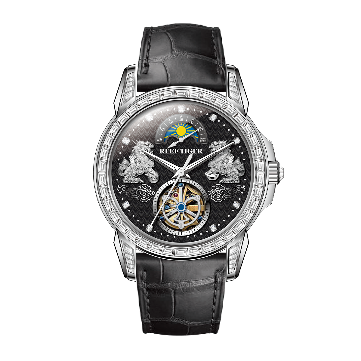 Luxury Men's Diamond Automatic Moon Phase Dress Watch - "Pixiu" RGA1935 Multifunctional Mechanical Tourbillon Style Dial